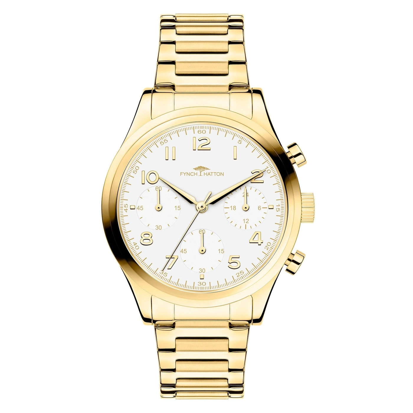 Eine goldene Flynch Hatton Armbanduhr mit weißem Zifferblatt und drei Chronographen.
