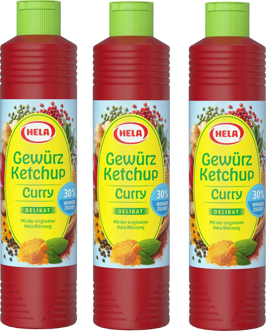 3 x Hela Ketchup Curry delikat 30% weniger Zucker Gewürzketchup 800 ml Flasche