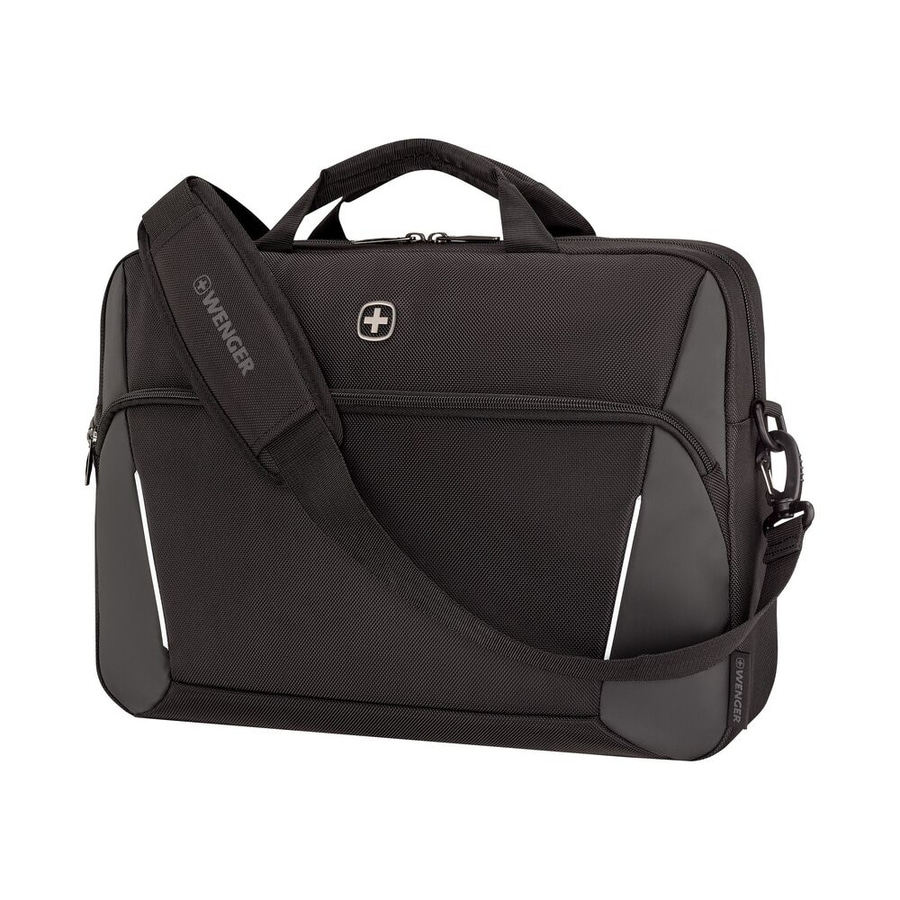 Schwarze Laptoptasche von Wenger mit Schultergurt und Logo, robust und stilvoll.