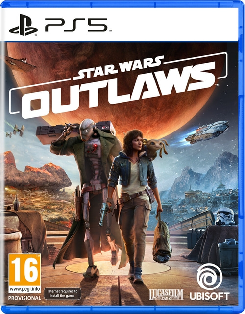 Star Wars Outlaws PS5 Spielcover mit Charakteren und Logo von Lucasfilm Games und Ubisoft