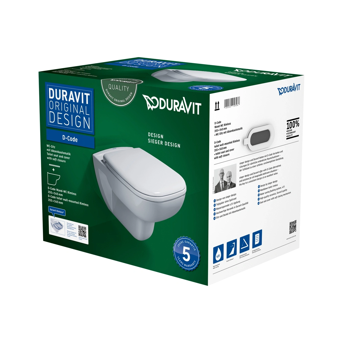 Duravit D-Code WC-Sitz mit Absenkautomatik, Wand-WC Rimless, Design Sieger Design