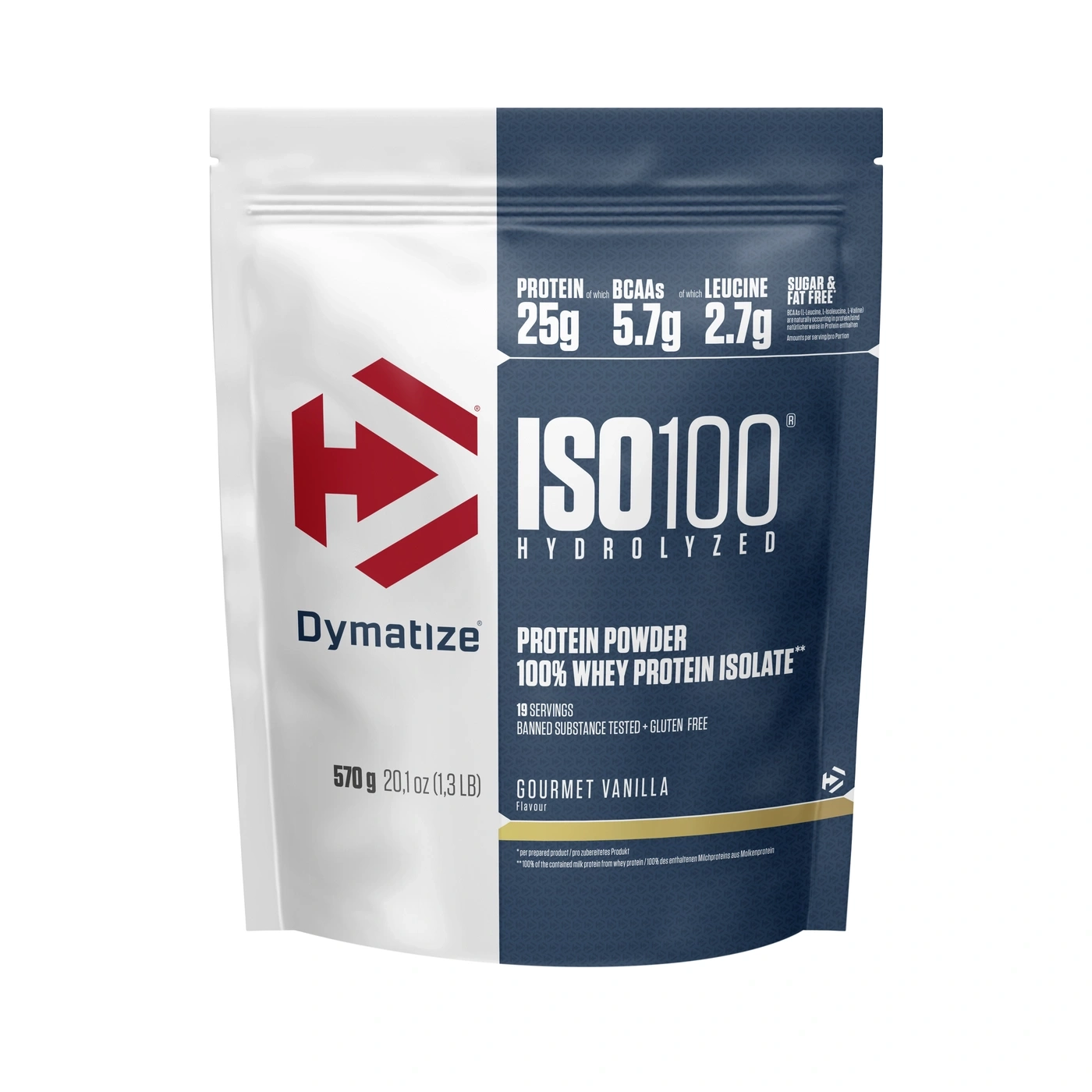 Protein-Pulver-Packung mit 100% Whey Protein Isolat, Gourmet-Vanille-Geschmack, 19 Portionen.