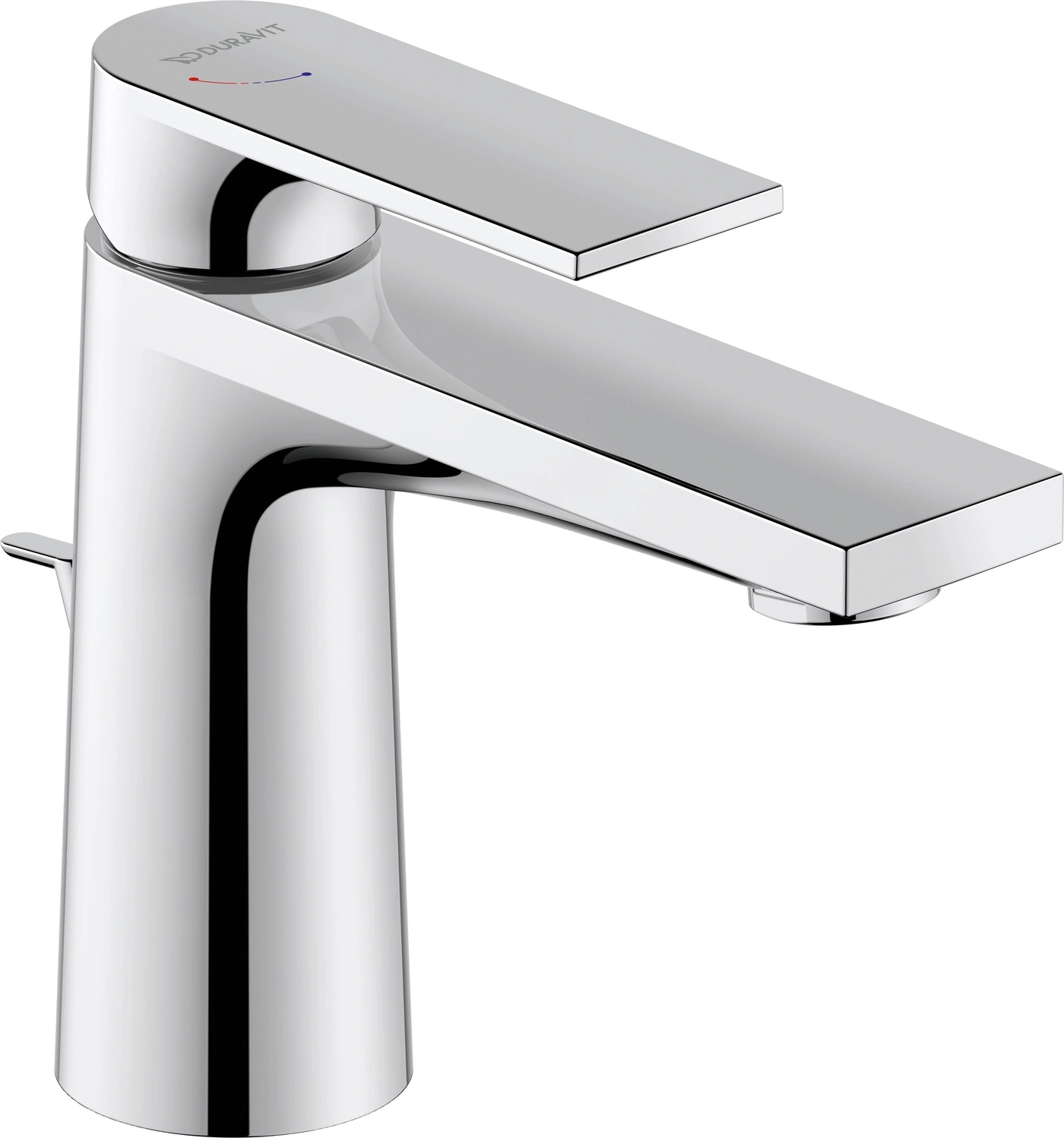 Chrom-Wasserhahn, modernes Design, glänzende Oberfläche, Badezimmerarmatur, Duravit-Logo