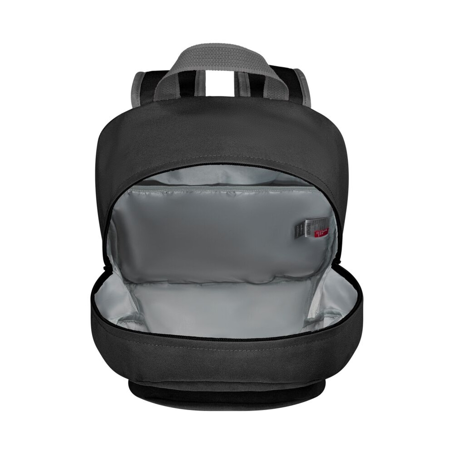 Schwarzer Rucksack, offen, mit grauem Innenfutter und Tragegriff, Nahaufnahme