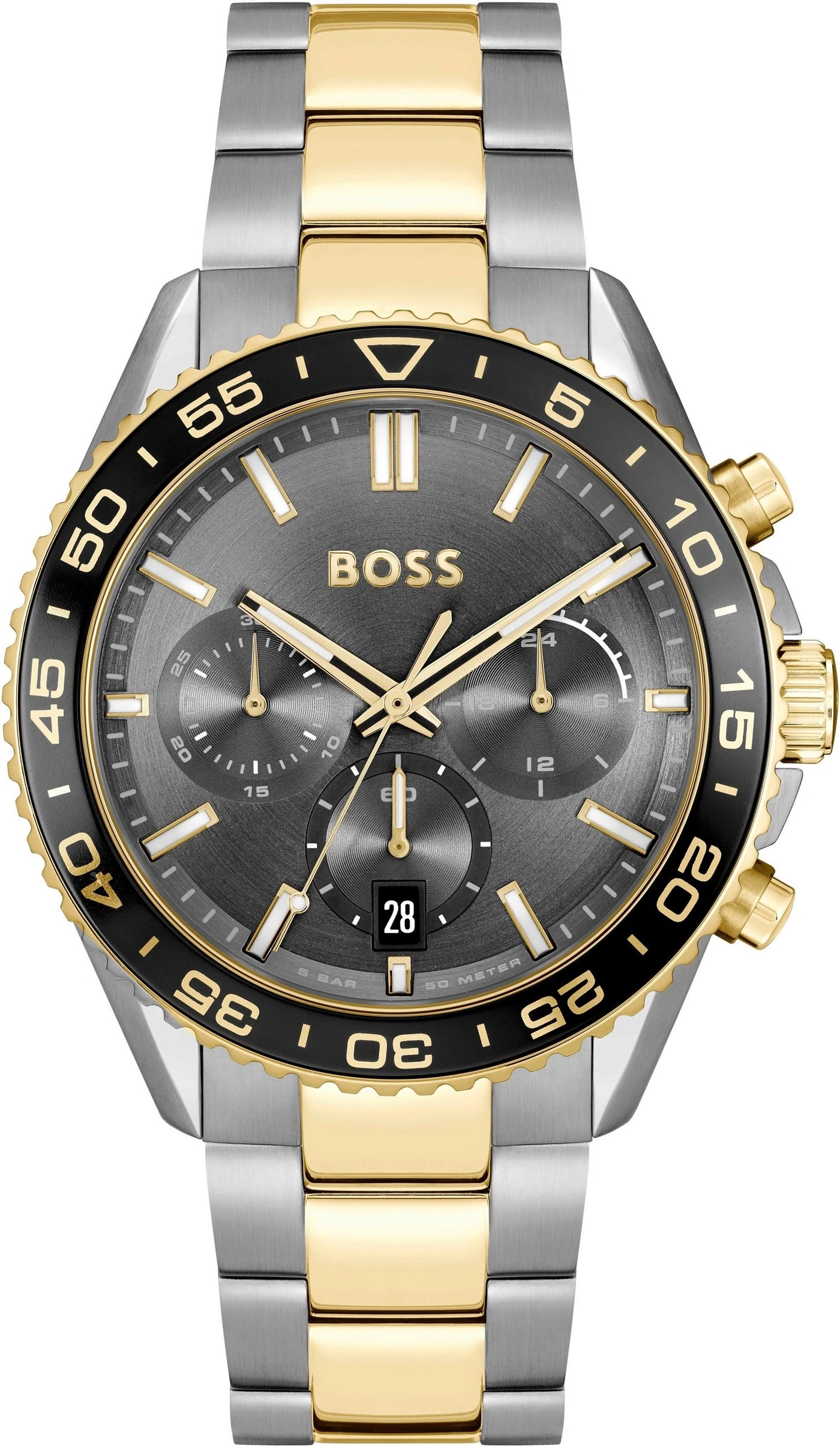 Eine Luxus-Armbanduhr mit silbernem und goldenem Armband und grauem Zifferblatt