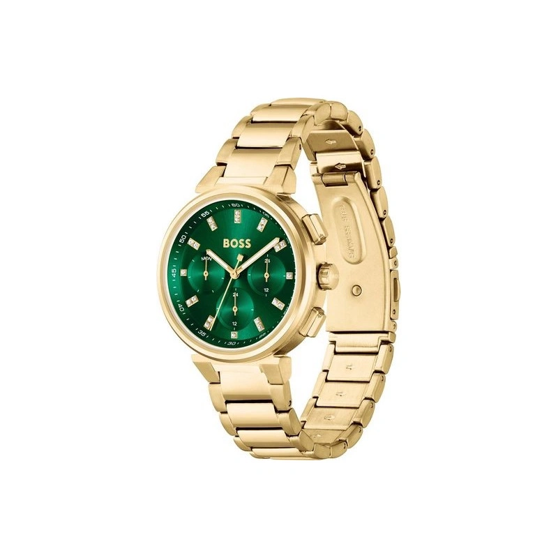 Eine goldene Herrenuhr mit grünem Zifferblatt und silbernen Indizes.