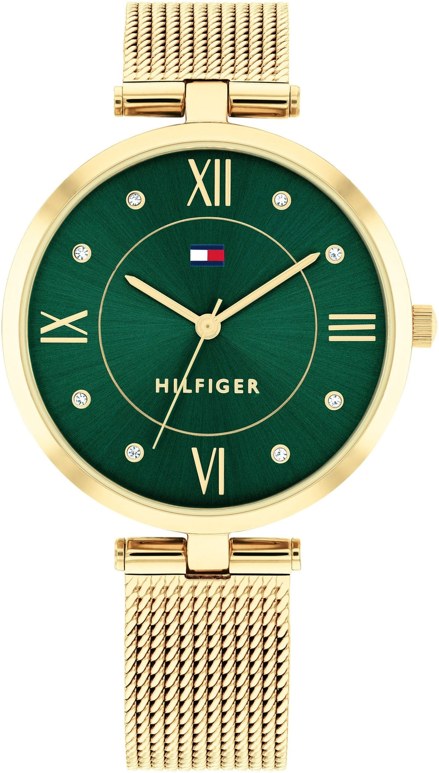 Goldene Tommy Hilfiger Damenuhr mit grünem Zifferblatt und römischen Ziffern