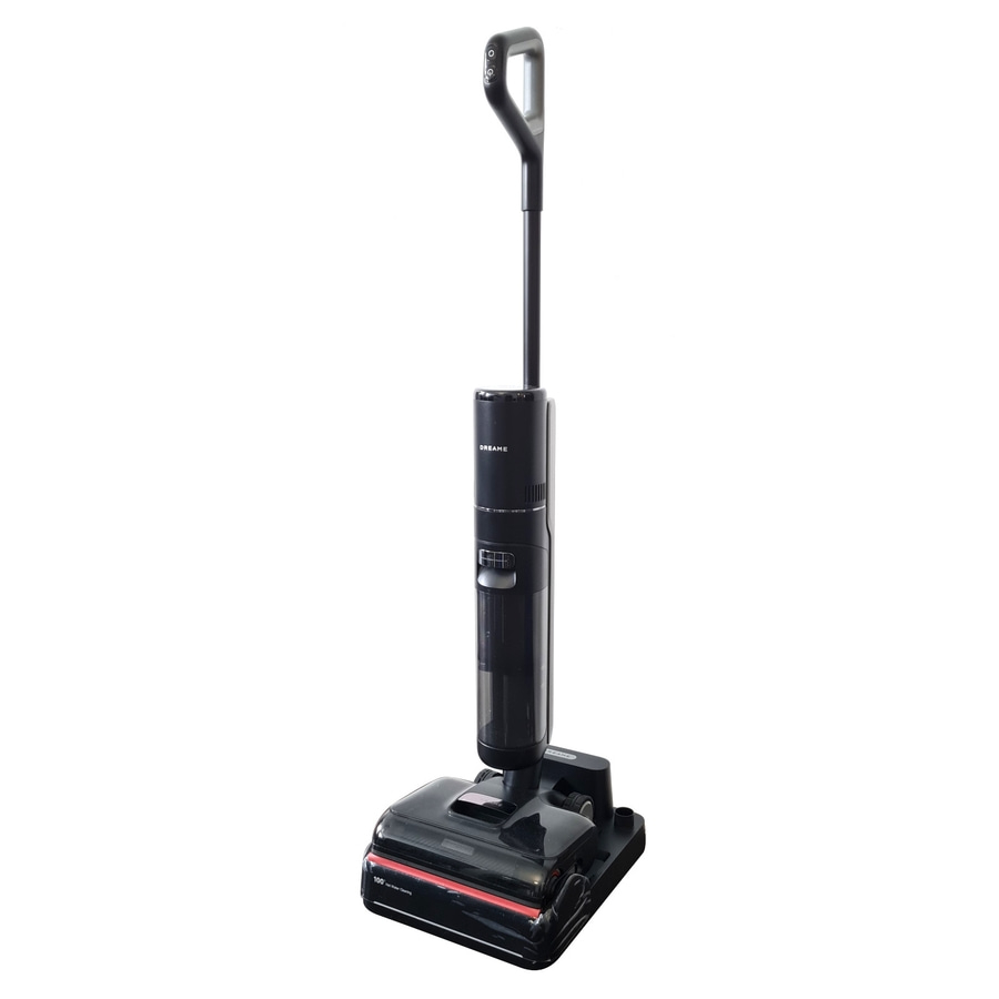 Schwarzer Staubsauger mit roter Linie und Dreame-Logo, auf weißem Hintergrund.