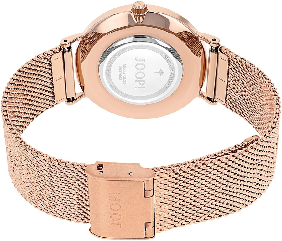 Rosegoldene JOOP! Uhr mit Mesh-Armband und Miyota-Uhrwerk, Detailaufnahme
