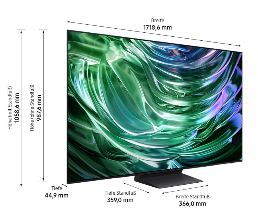 Fernseher mit Maßen: Höhe, Breite, Tiefe. Abmessungen mit und ohne Standfuß.