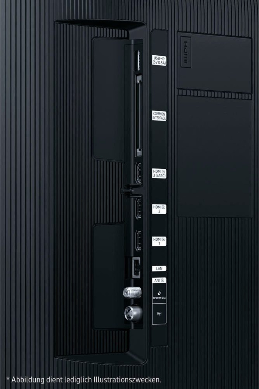 Rückseite eines Fernsehers mit Anschlüssen wie HDMI, USB, LAN und Antenne.