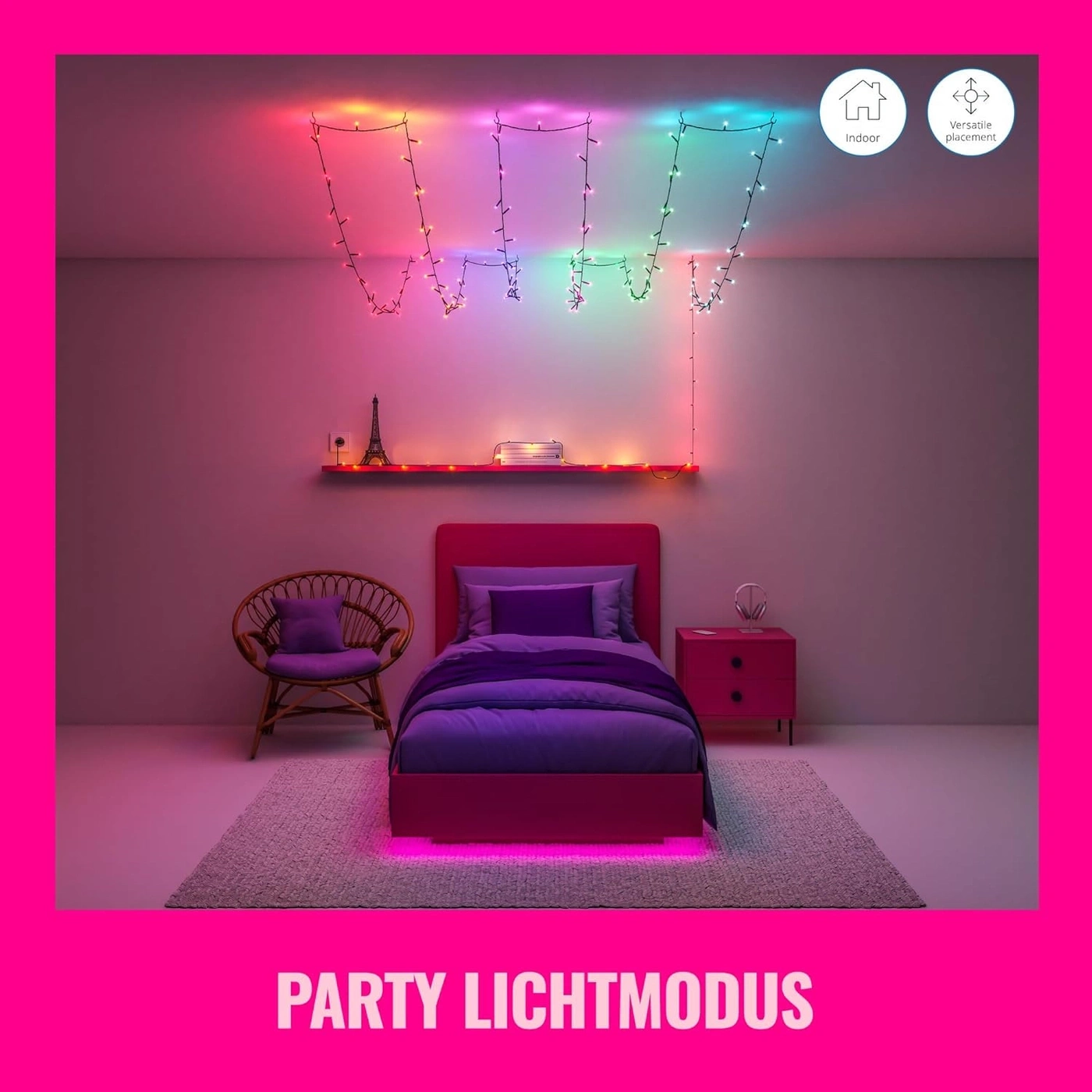 Bett mit Party Lichtmodus und Lichterkette im Zimmer
