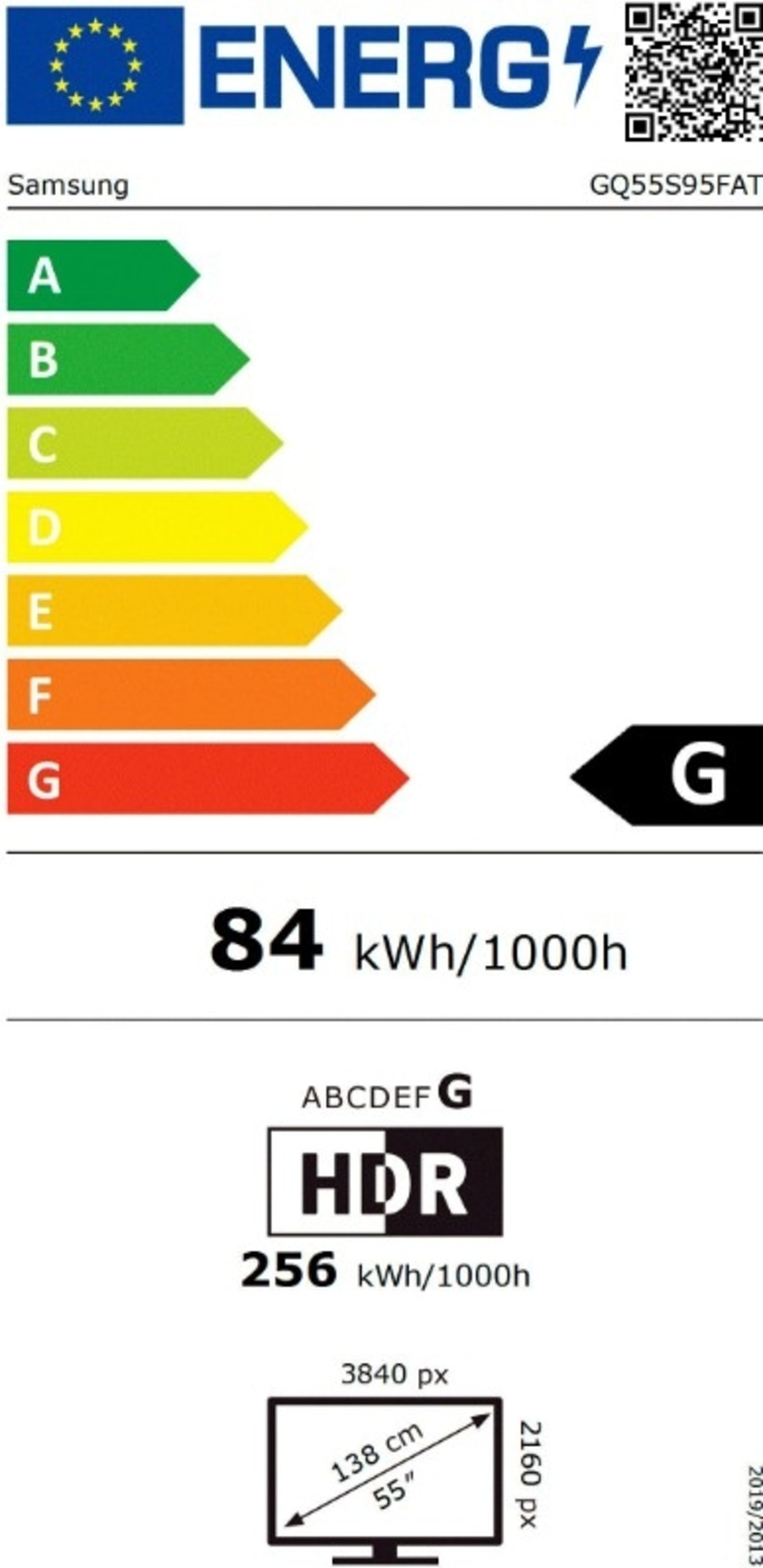 Energielabel für Samsung Fernseher mit Energieeffizienzklasse G und 84 kWh/1000h Verbrauch.