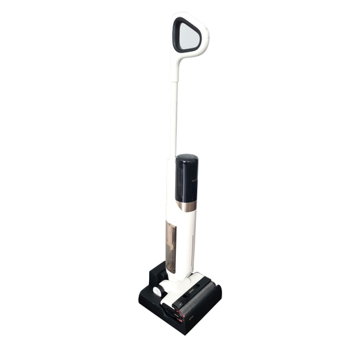 Weißer Staubsauger mit schwarzem Griff und Ladestation. Modernes Design.