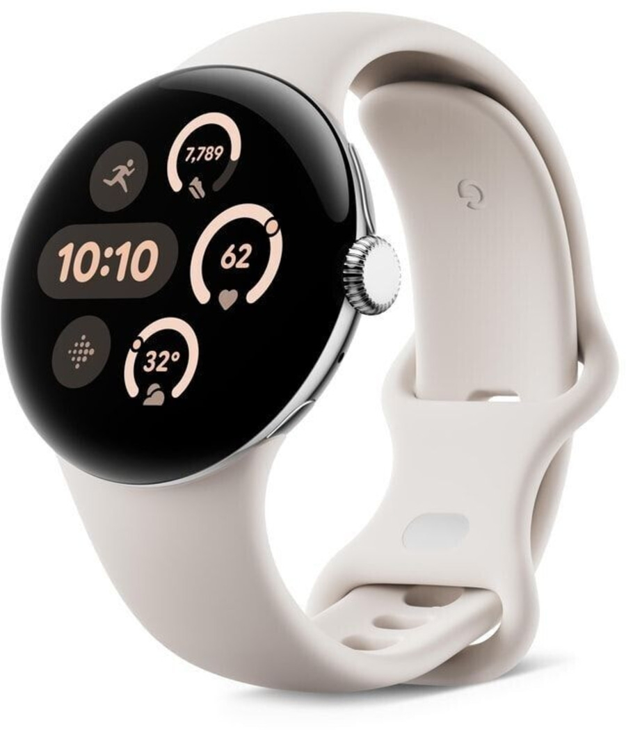 Eine weiße Smartwatch mit einem runden Display, das die Uhrzeit und Gesundheitsdaten anzeigt.