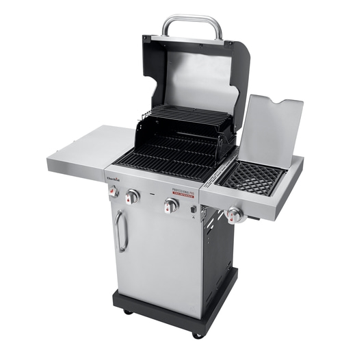 Edelstahl-Gasgrill mit geöffnetem Deckel und Seitenablage für den Außenbereich