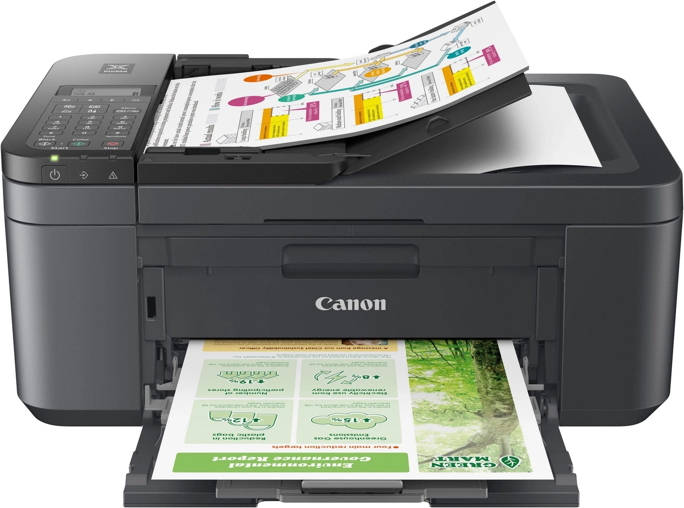 Ein Canon-Drucker druckt ein Umweltbericht. Das Papier wird in den Drucker eingelegt.