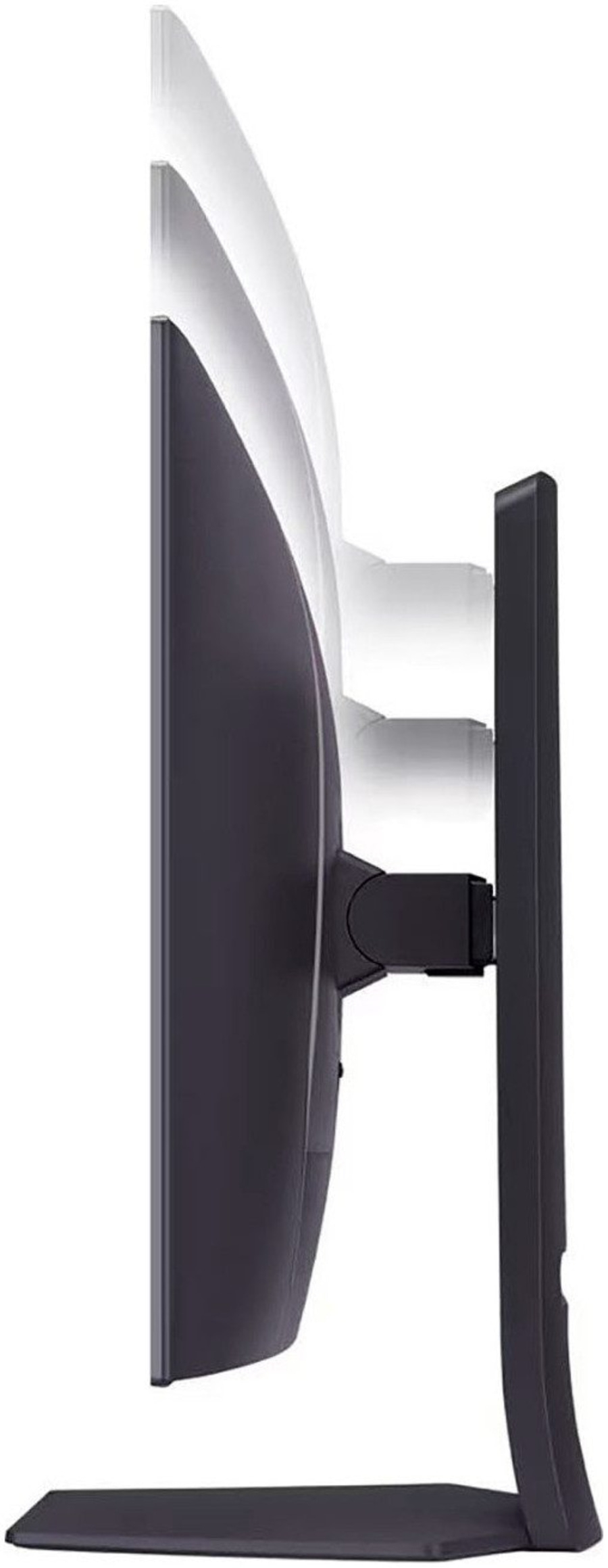 Seitenansicht eines schwarzen Monitors mit verstellbarem Ständer und weißem Hintergrund