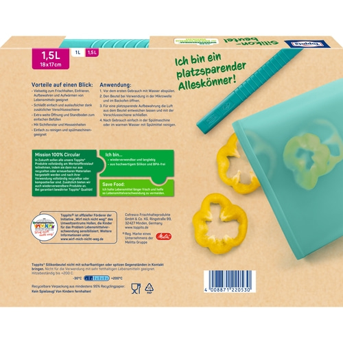 Toppits Silikonbeutel, platzsparend, wiederverwendbar, BPA-frei, für Lebensmittel, 1,5L, 18x17cm, grün