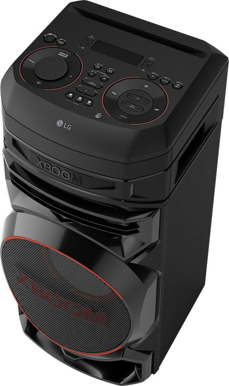 Schwarzer LG XBOOM-Lautsprecher mit roten Akzenten und Bedienelementen auf der Oberseite.