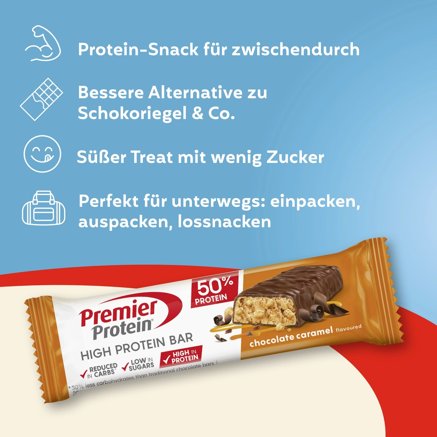 Premier Protein Riegel mit 50% Protein, Schokolade Karamell