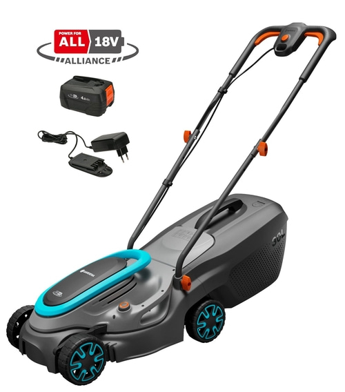 Gartenrasenmäher mit Akku, Ladegerät und Batterie. 18V Power für alle.
