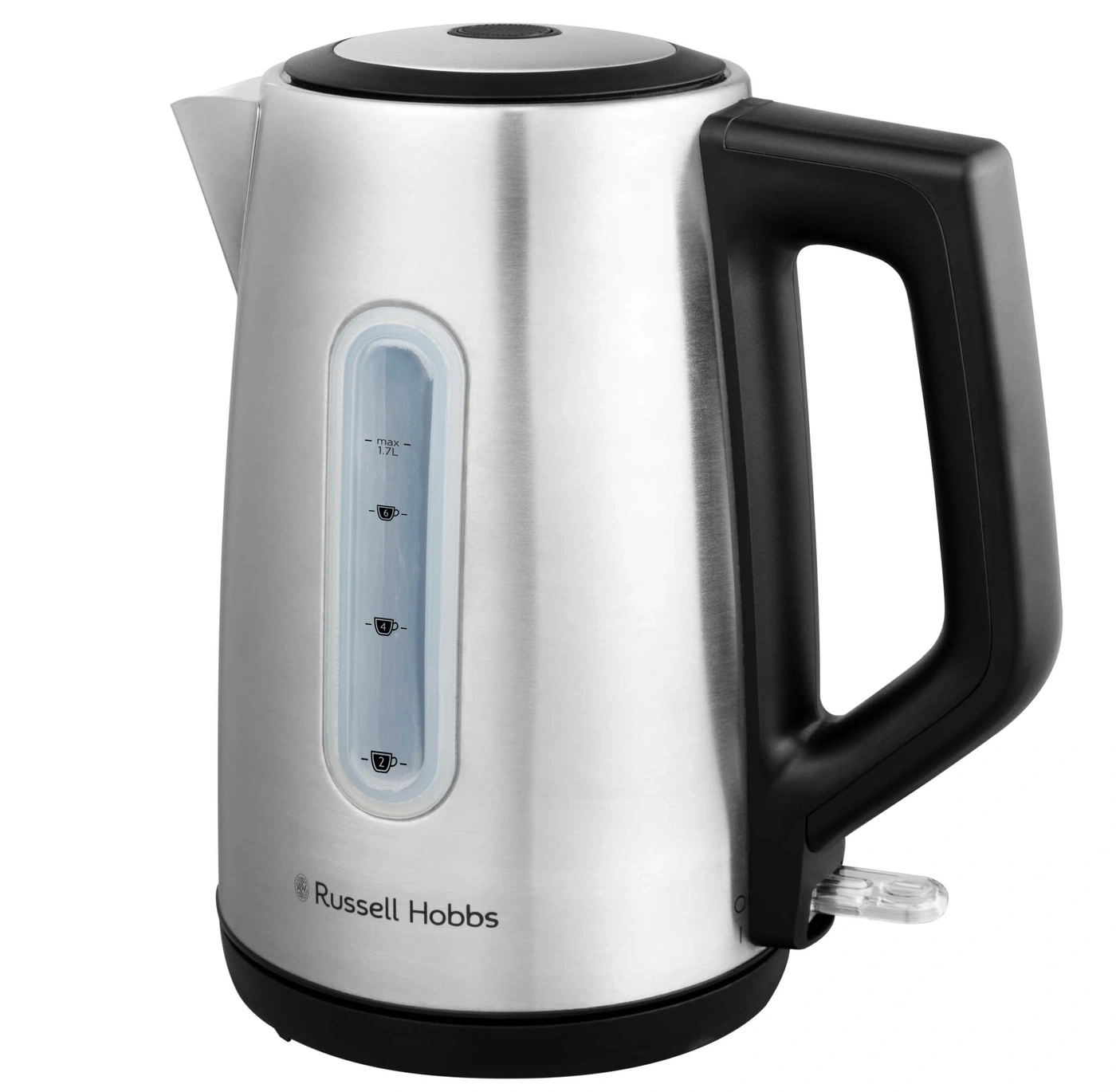 Edelstahl-Wasserkocher mit schwarzem Griff und transparentem Wasserstandsanzeiger von Russell Hobbs.