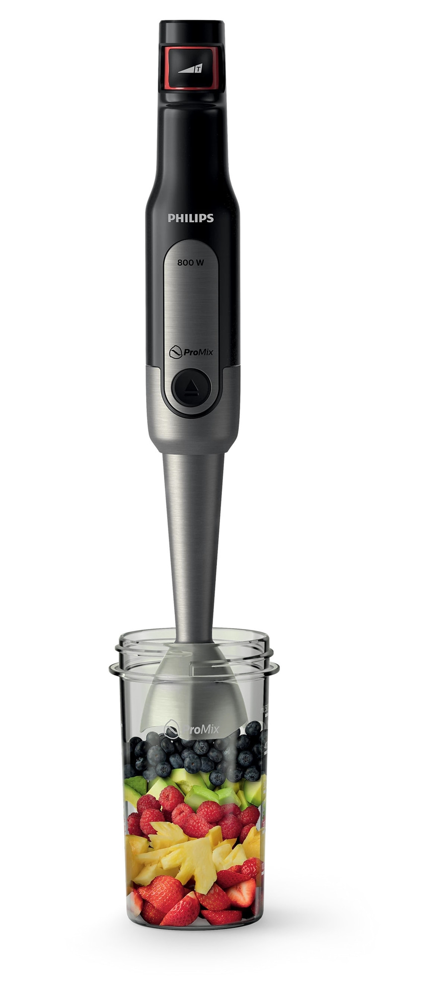 Philips Stabmixer mit Früchten in einem Glas, bereit zum Mixen.