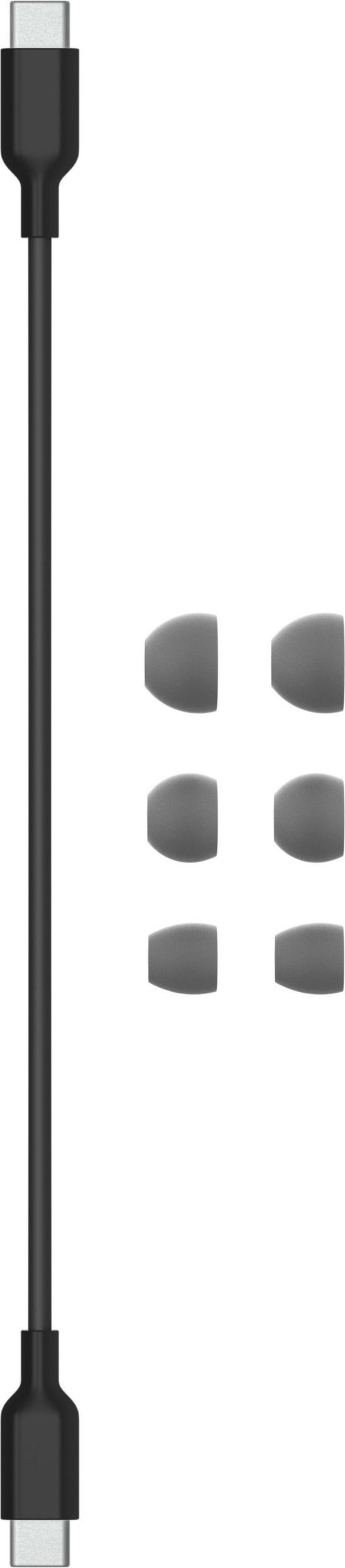 Schwarzes USB-C-Kabel und Ohrstöpsel für Kopfhörer auf weißem Hintergrund