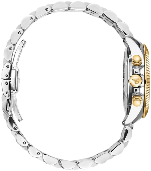 Uhr, silbernes Armband, goldenes Zifferblatt, Detailaufnahme, Seitenansicht, Schmuck