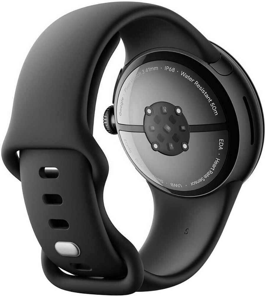 Schwarze Smartwatch mit Herzfrequenzsensor, wasserdicht, Google Pixel Watch.