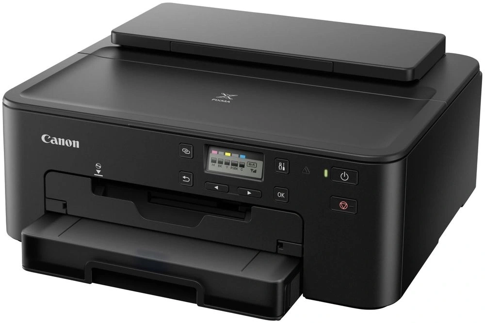 Ein schwarzer Canon Pixma Drucker steht auf weißem Hintergrund.