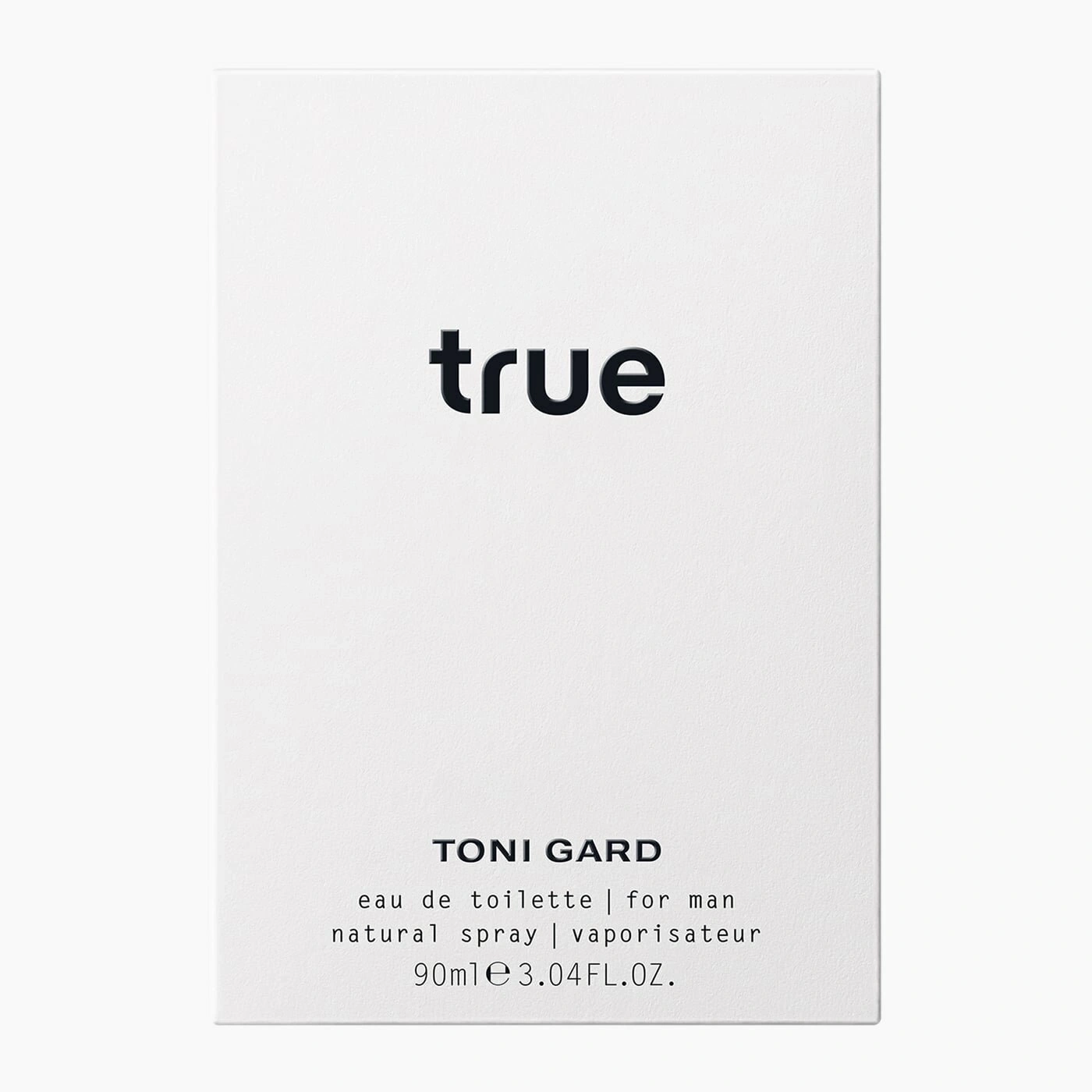 Parfüm-Verpackung mit dem Wort 'true' und 'TONI GARD' Text.