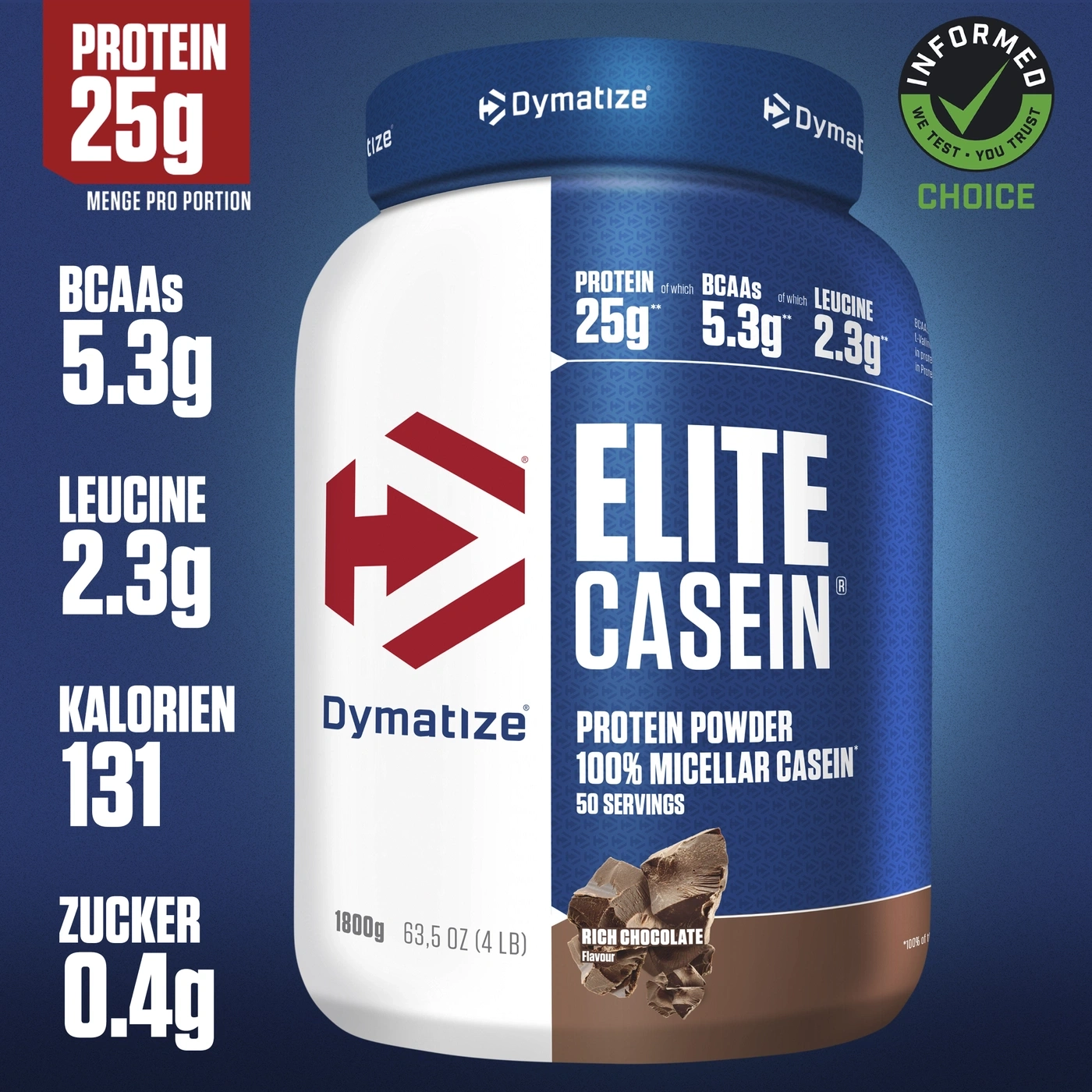 Dymatize Elite Casein Rich Chocolate Protein Pulver mit Nährwertangaben
