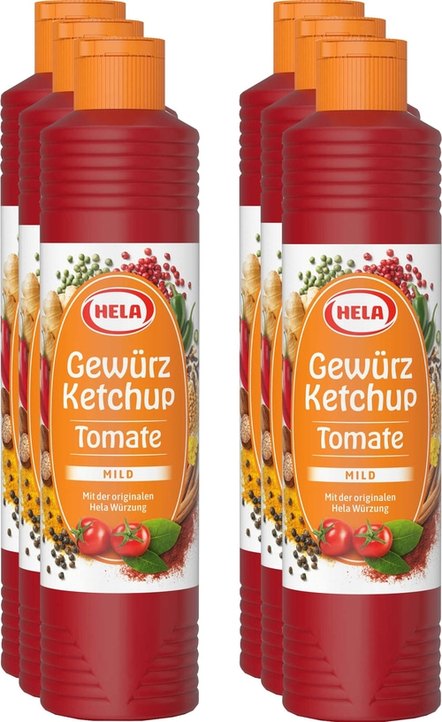 6 x Hela Ketchup Tomate mild Gewürzketchup 800 ml Flasche Ketchupflasche