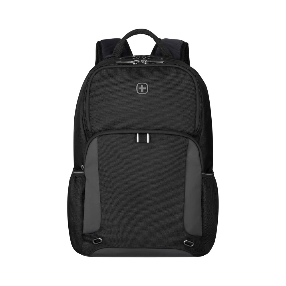 Schwarzer Rucksack mit grauem Akzent und Logo, perfekt für den Alltag.