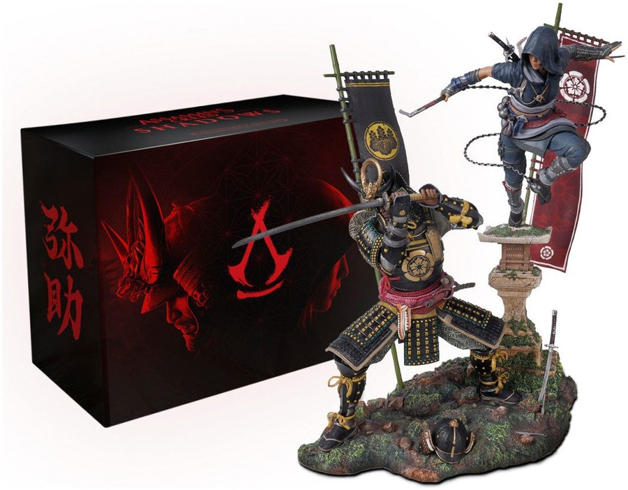 Assassin's Creed Shadows Statue mit Box. Samurai und Ninja kämpfen.