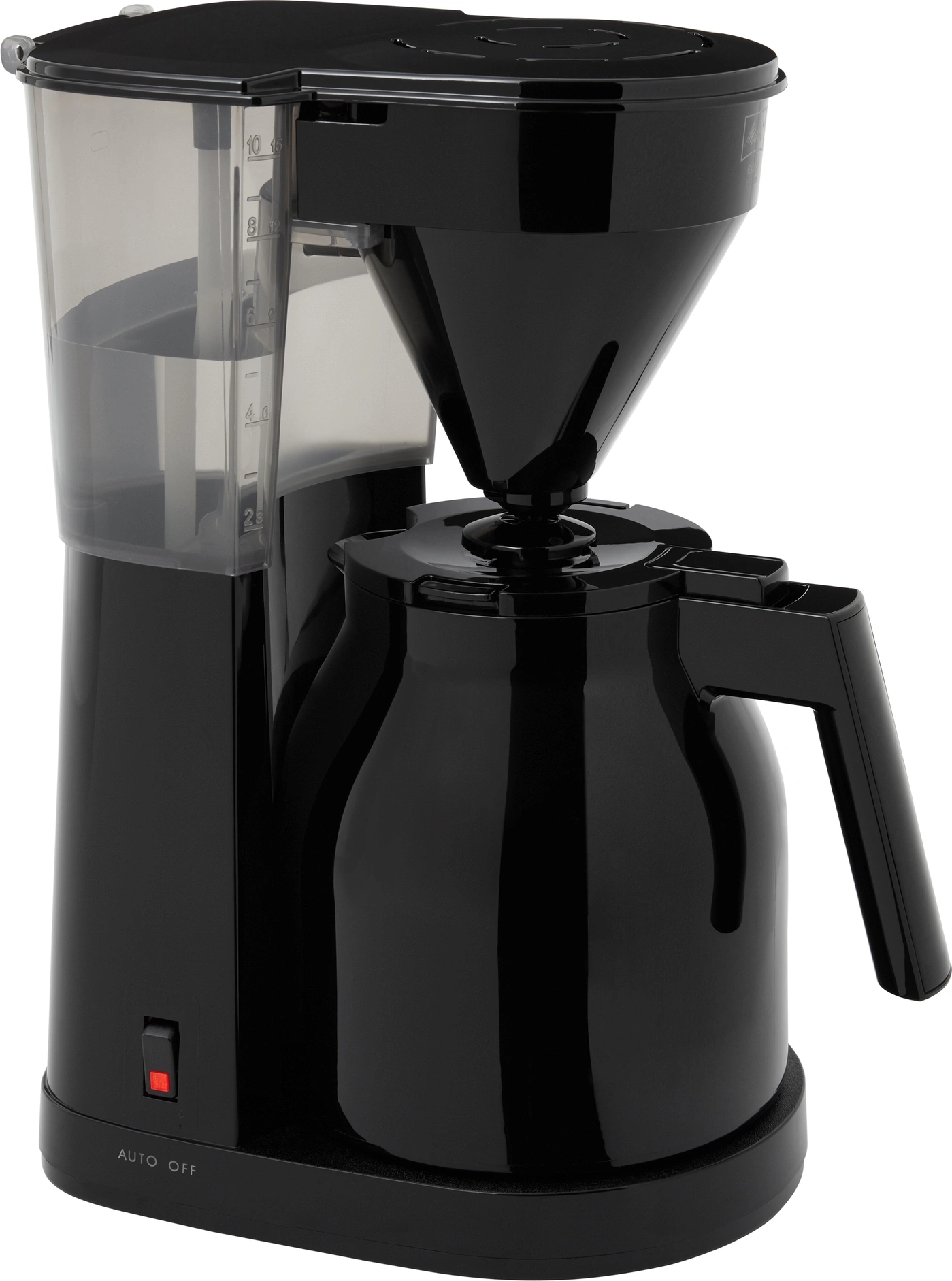Schwarze Kaffeemaschine mit Kanne und Wasserstandsanzeige, bereit für Kaffee.