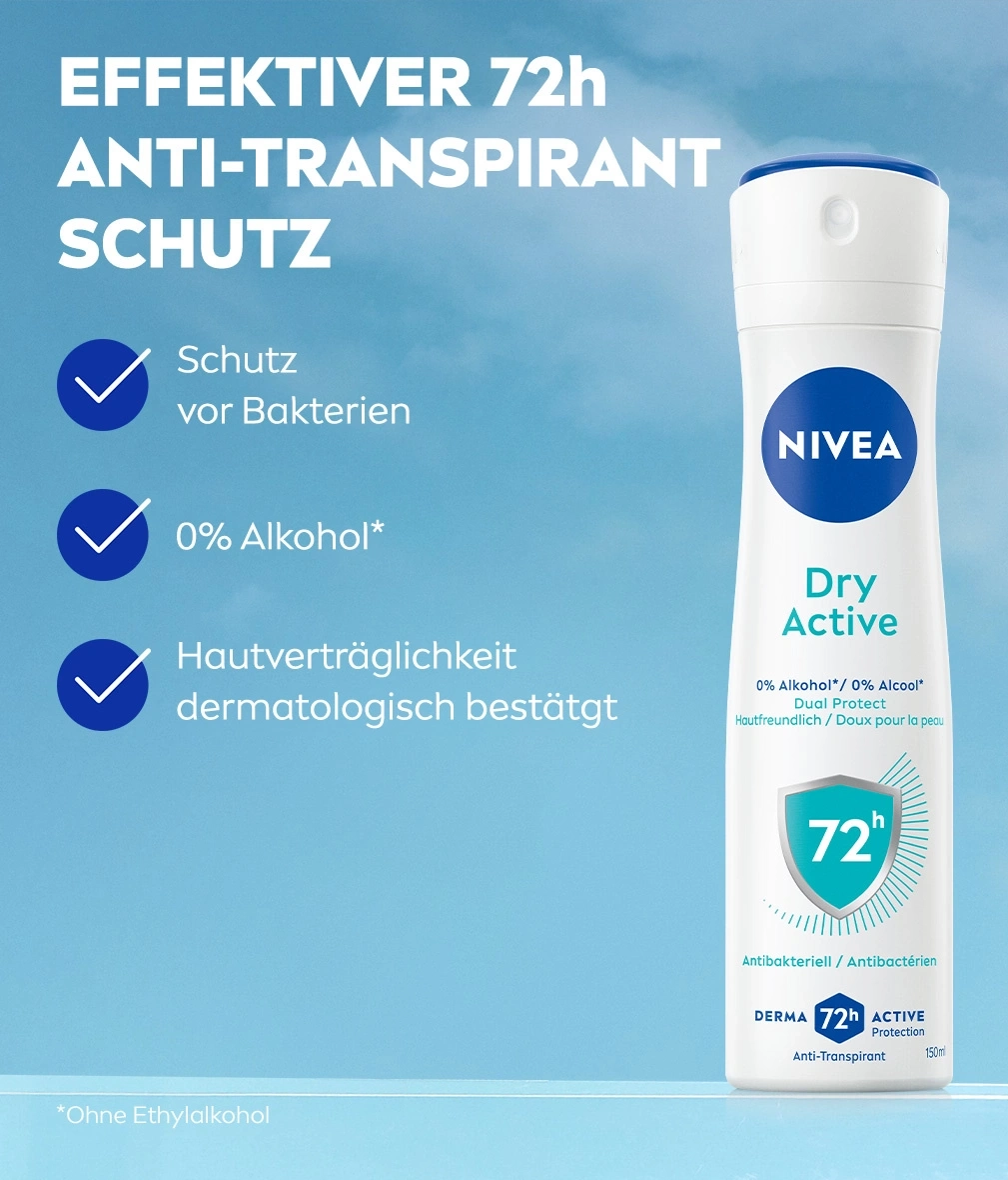 Nivea Dry Active Deodorant Spray mit 72h Schutz vor Bakterien und 0% Alkohol.