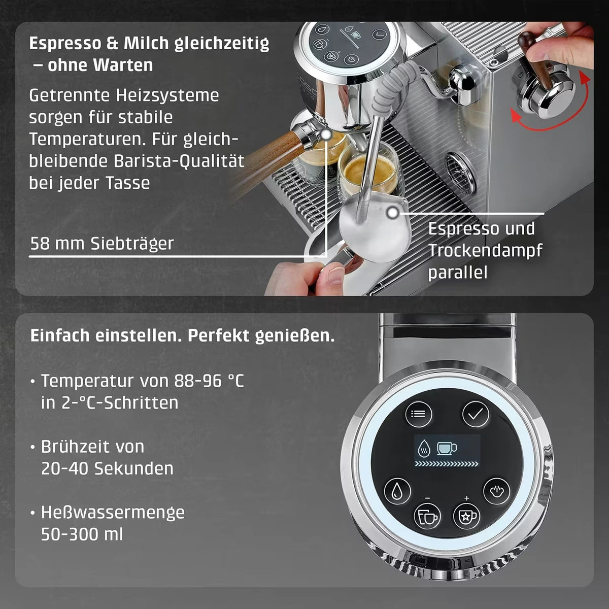 Kaffeemaschine mit Funktionen für Espresso und Milch, einfach einstellbar.