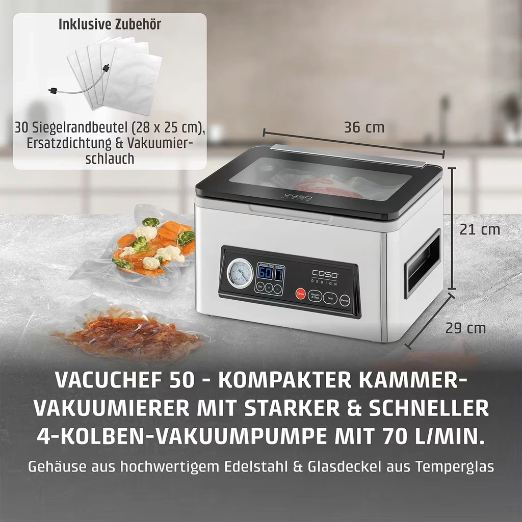 Ein kompakter Vakuumierer mit Zubehör und Maßen. 