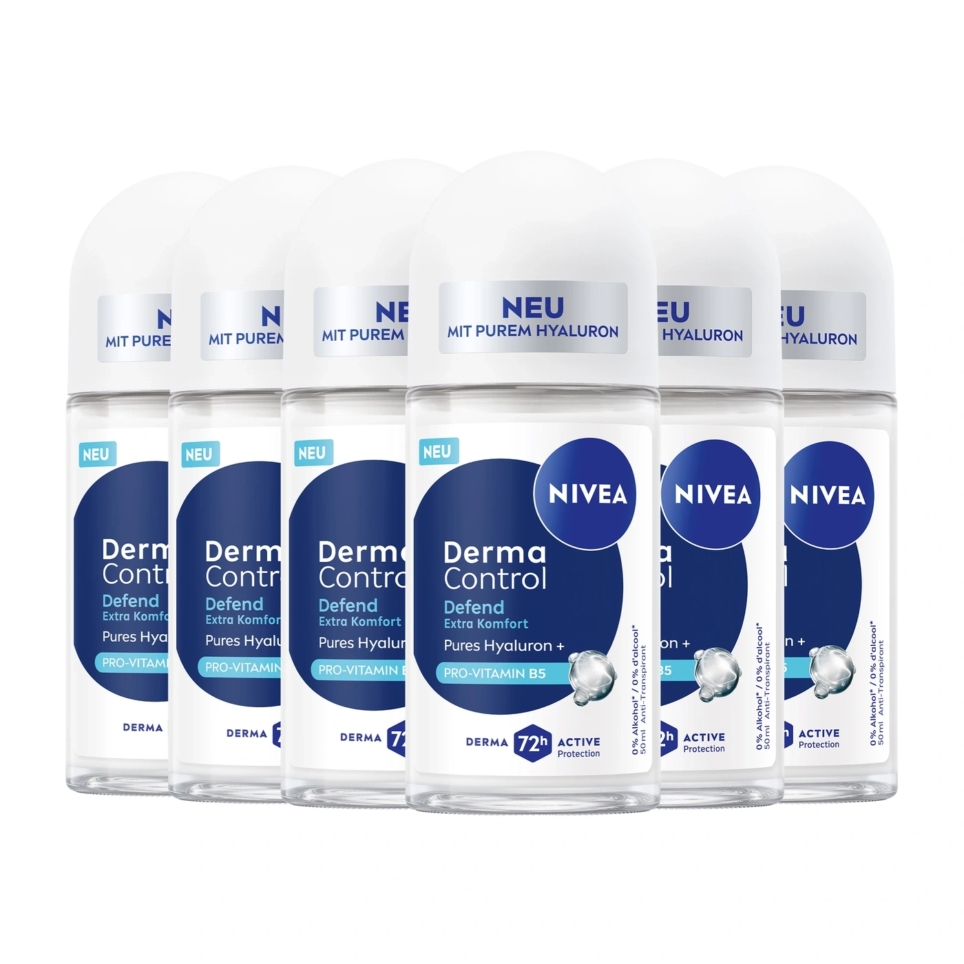 Sechs Nivea Derma Control Deodorant Roll-Ons mit Hyaluron und Pro-Vitamin B5