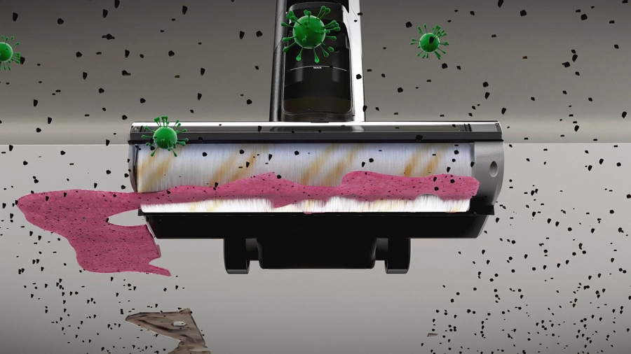 Staubsauger mit Viren und Schmutz, der gereinigt wird, um Sauberkeit zu gewährleisten.