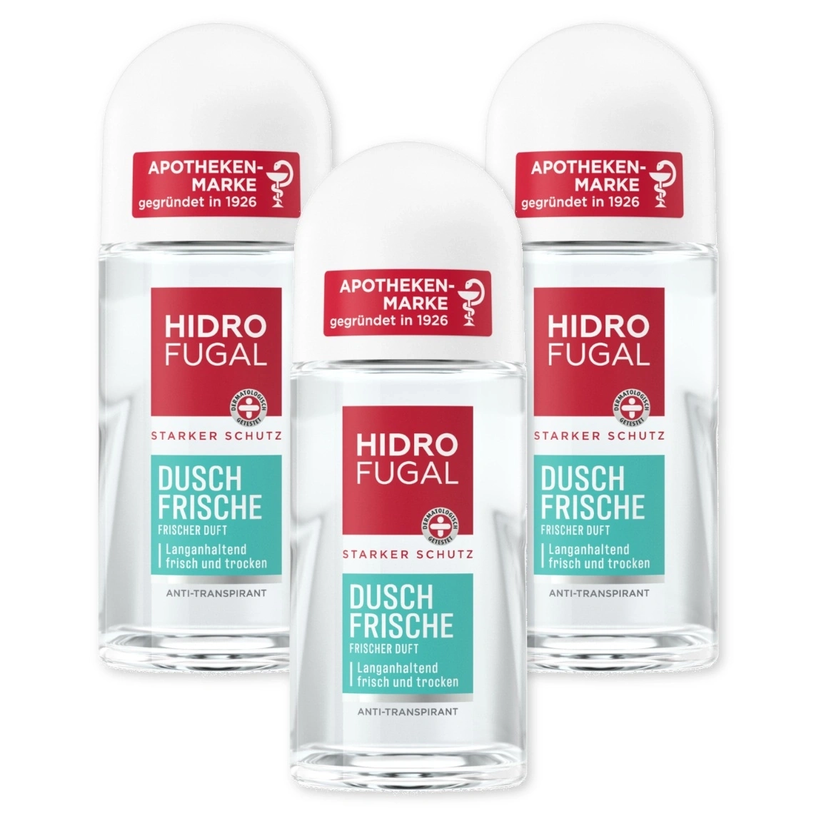 Drei Hidro Fugal Dusch Frische Roll-on Deodorants vor weißem Hintergrund.