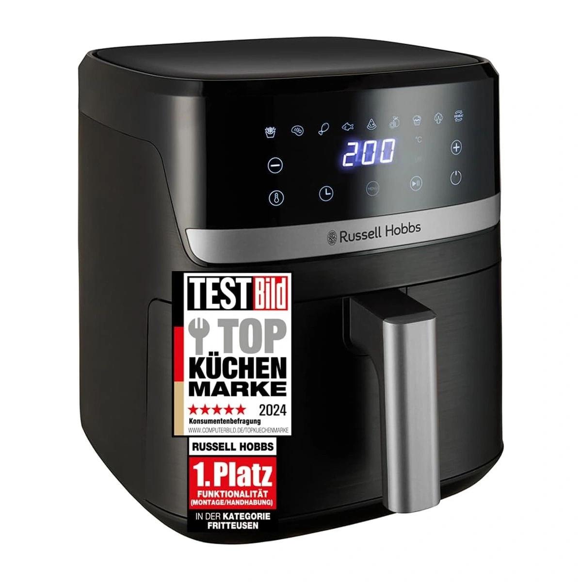 Schwarzer Russell Hobbs Heißluftfritteuse mit "TEST.BILD TOP KÜCHENMARKE 2024" Siegel.