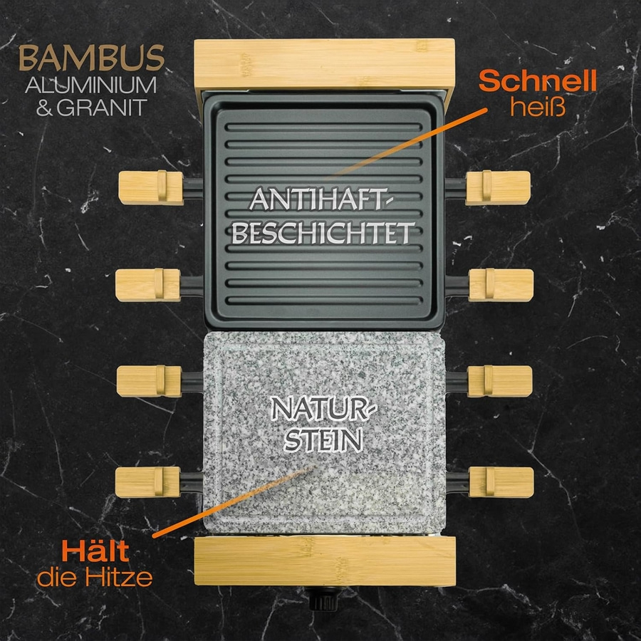 Raclette-Grill mit Bambus, Aluminium, Granit, Antihaftbeschichtung, Naturstein, hält die Hitze, schnell heiß