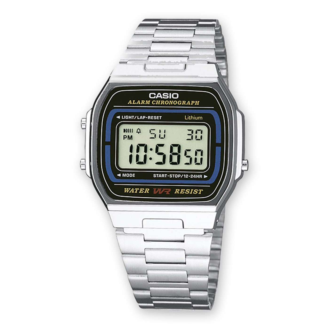Casio Uhr, digital, silbernes Armband, Alarm Chronograph, Wasserfest, 10:58:50 Uhr