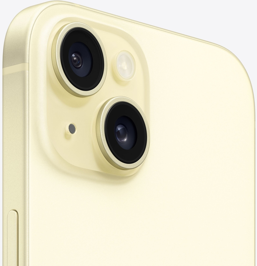 Nahaufnahme des gelben iPhone mit Kameraobjektiven und Blitzlicht