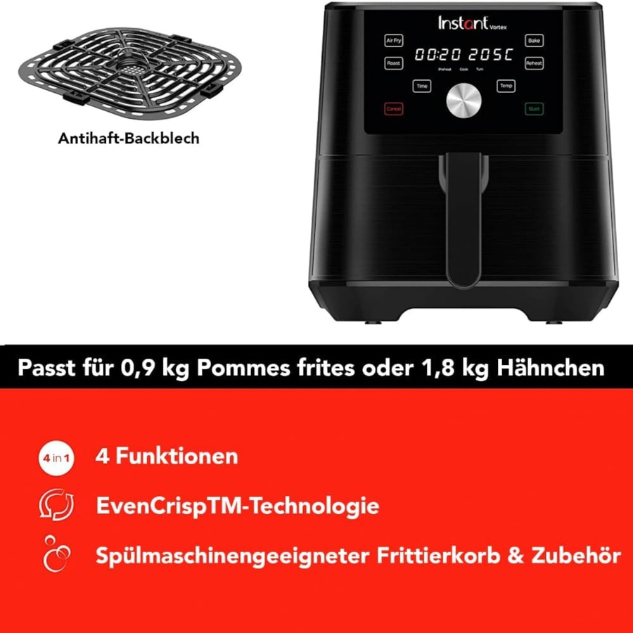 Instant Vortex Airfryer mit Antihaft-Backblech und 4 Funktionen, EvenCrisp-Technologie