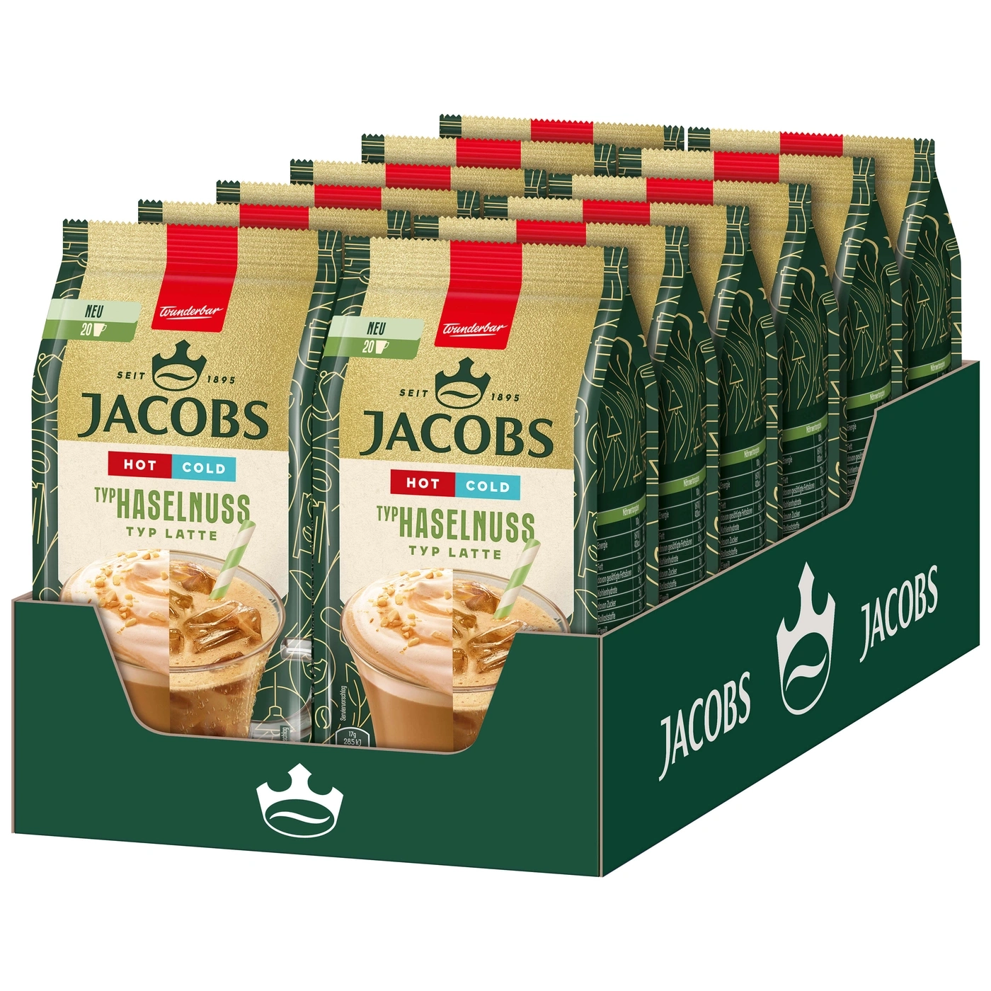 Jacobs Kaffee-Packung mit Haselnuss-Latte, heiß und kalt, 20 Portionen, Neu, Wunderbar